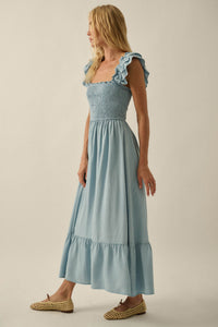 Chambray Sky Denim Smocked Ruffle Midi Dress - ShopPromesa