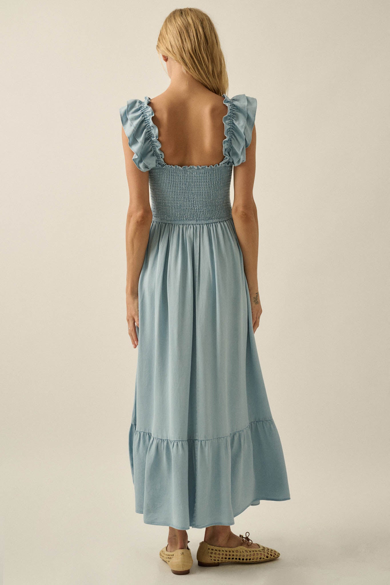 Chambray Sky Denim Smocked Ruffle Midi Dress - ShopPromesa