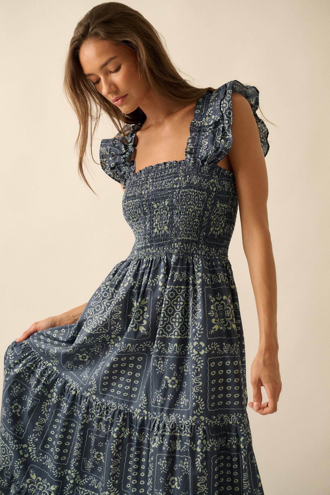 Bandana Beauty Floral Tiered Ruffle Midi Dress - ShopPromesa