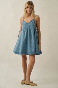 Jean Queen Denim Contrast-Stitch Trapeze Mini Dress - ShopPromesa