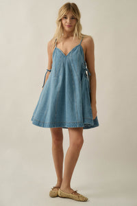 Jean Queen Denim Contrast-Stitch Trapeze Mini Dress - ShopPromesa