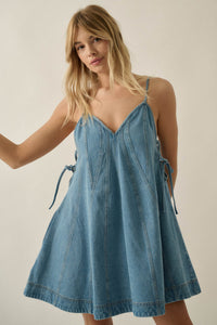 Jean Queen Denim Contrast-Stitch Trapeze Mini Dress - ShopPromesa