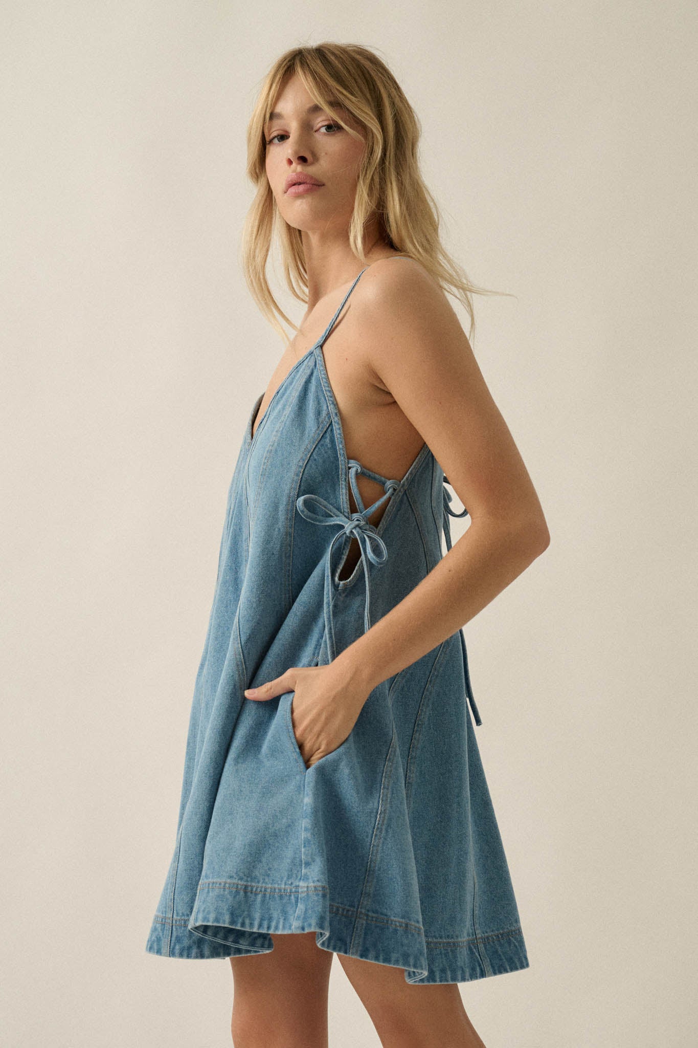 Jean Queen Denim Contrast-Stitch Trapeze Mini Dress - ShopPromesa
