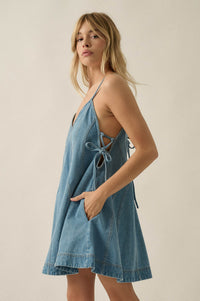 Jean Queen Denim Contrast-Stitch Trapeze Mini Dress - ShopPromesa