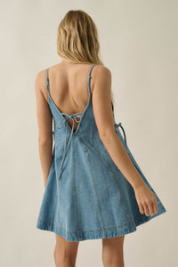 Jean Queen Denim Contrast-Stitch Trapeze Mini Dress - ShopPromesa