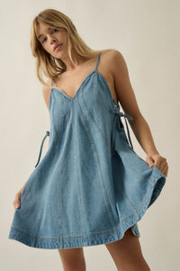 Jean Queen Denim Contrast-Stitch Trapeze Mini Dress - ShopPromesa