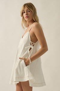 Jean Queen Denim Contrast-Stitch Trapeze Mini Dress - ShopPromesa