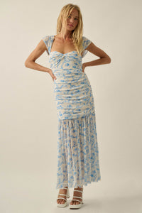Belle Fleur Floral Mesh Ruched Sweetheart Maxi Dress - ShopPromesa