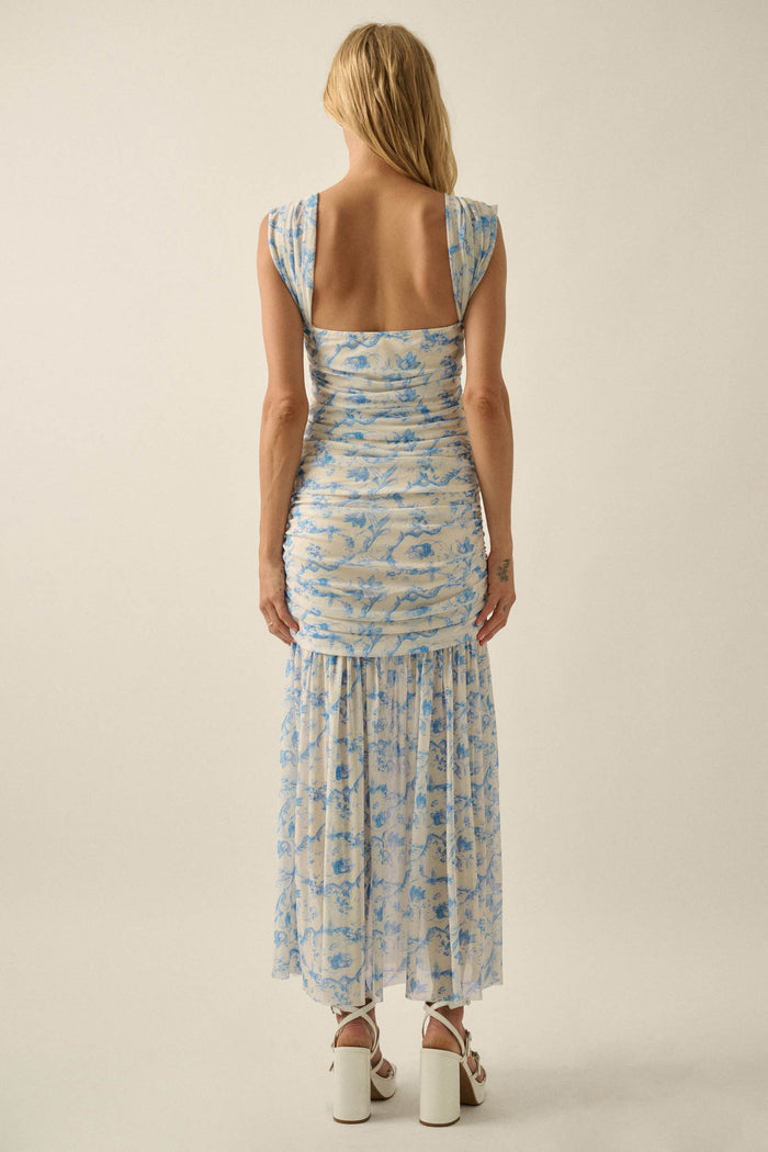 Belle Fleur Floral Mesh Ruched Sweetheart Maxi Dress - ShopPromesa