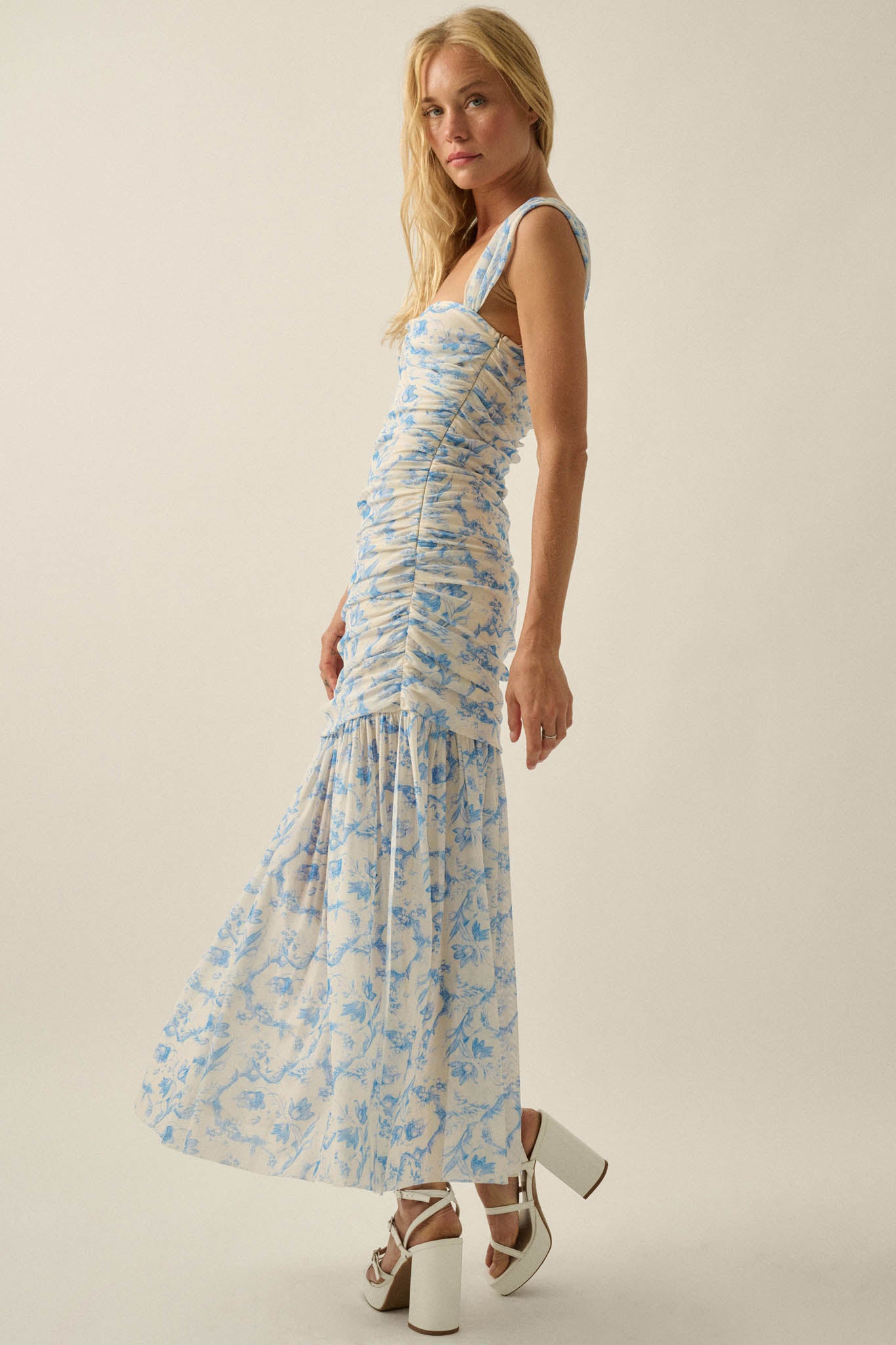 Belle Fleur Floral Mesh Ruched Sweetheart Maxi Dress - ShopPromesa
