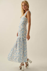Belle Fleur Floral Mesh Ruched Sweetheart Maxi Dress - ShopPromesa
