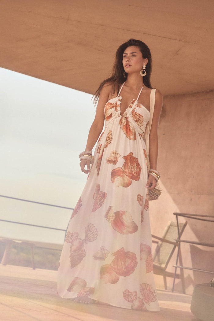 Shell Seeker Shell-Print Tie-Back Halter Maxi Dress - ShopPromesa