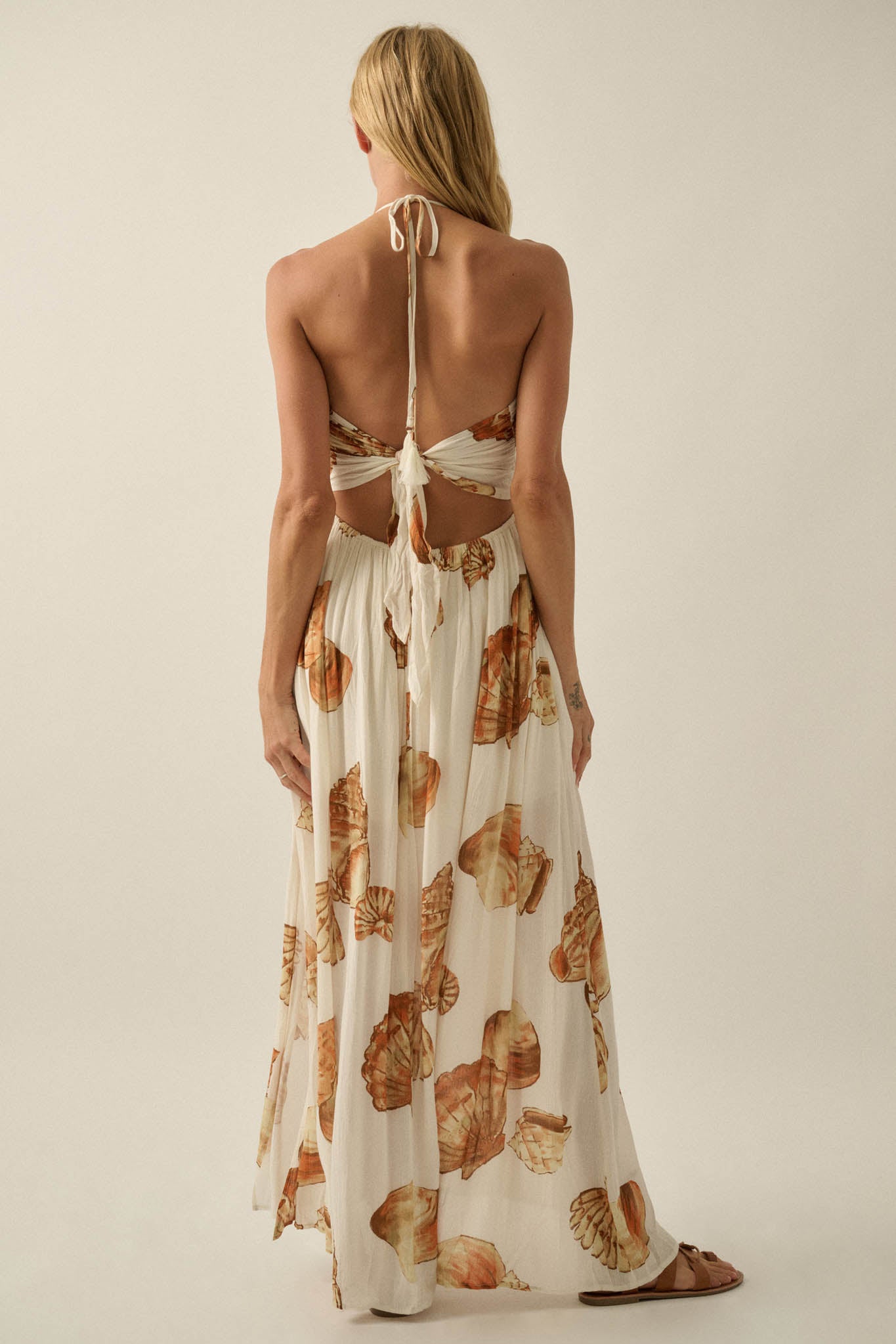 Shell Seeker Shell-Print Tie-Back Halter Maxi Dress - ShopPromesa