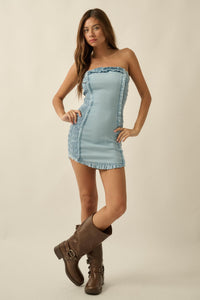 Blue Crush Denim Ruffled Strapless Mini Dress - ShopPromesa