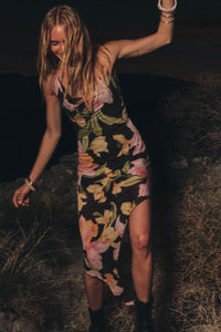 Lush Blooms Floral Mesh Asymmetrical Midi Dress - ShopPromesa