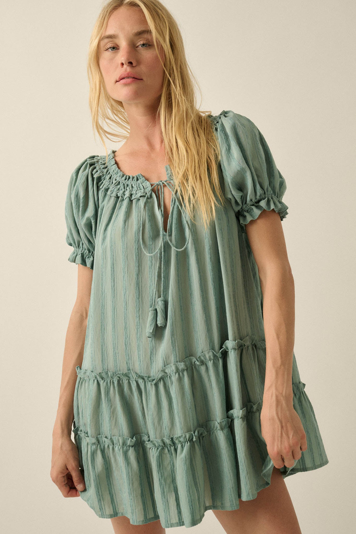 Precious Poetry Tonal-Stripe Babydoll Mini Dress - ShopPromesa