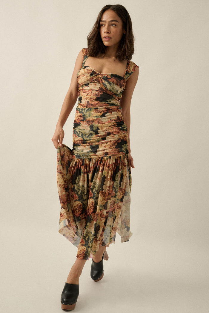 Ravishing Roses Floral Mesh Ruched Maxi Dress - ShopPromesa