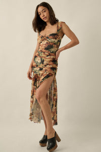 Ravishing Roses Floral Mesh Ruched Maxi Dress - ShopPromesa