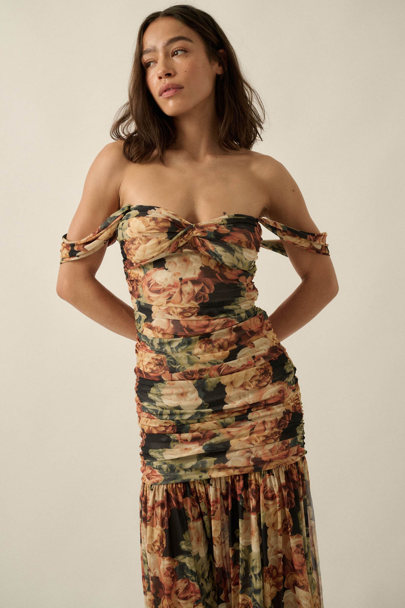 Ravishing Roses Floral Mesh Ruched Maxi Dress - ShopPromesa
