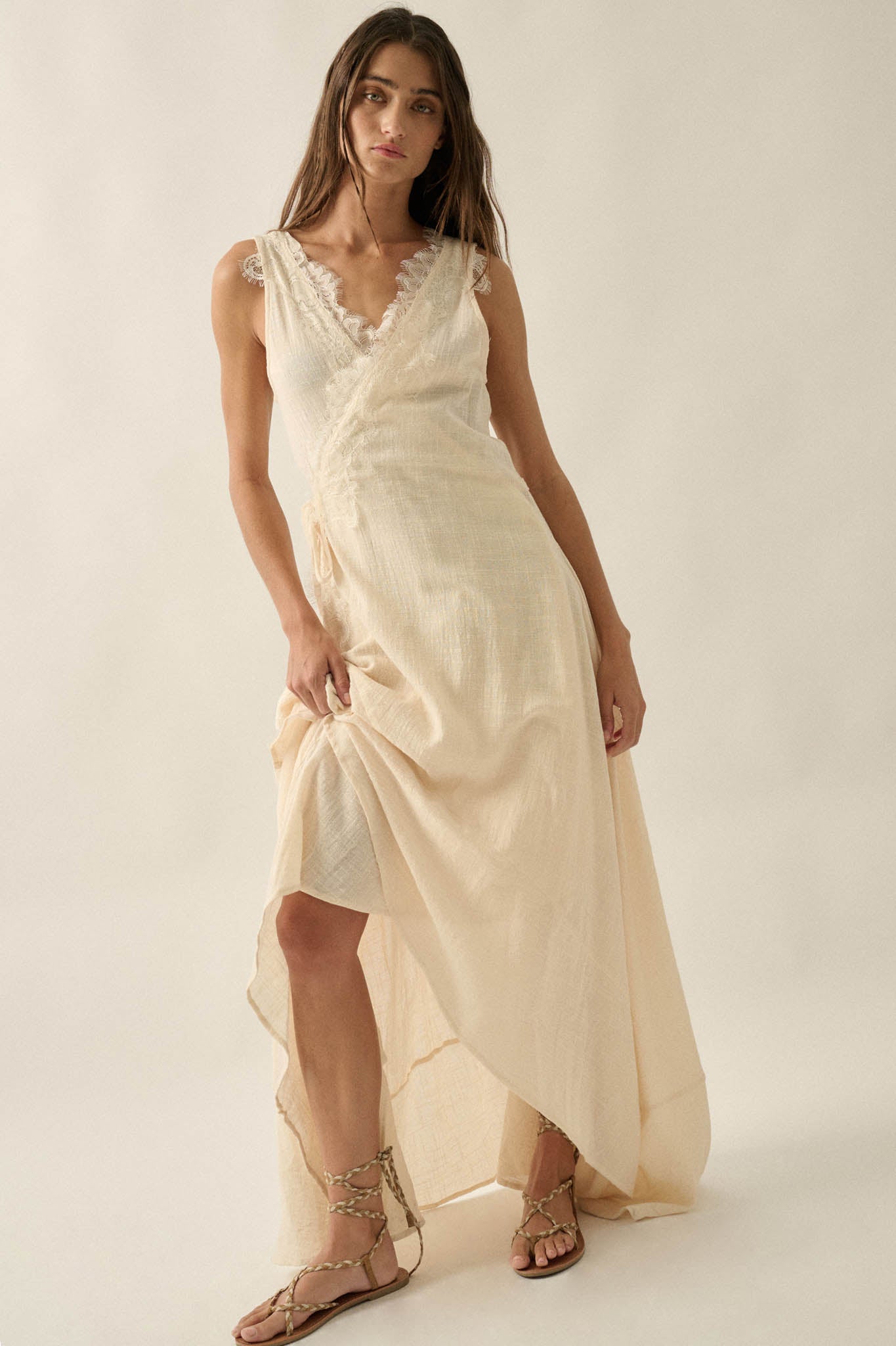 Finally Free Cotton Gauze and Lace Wrap Maxi Dress - ShopPromesa