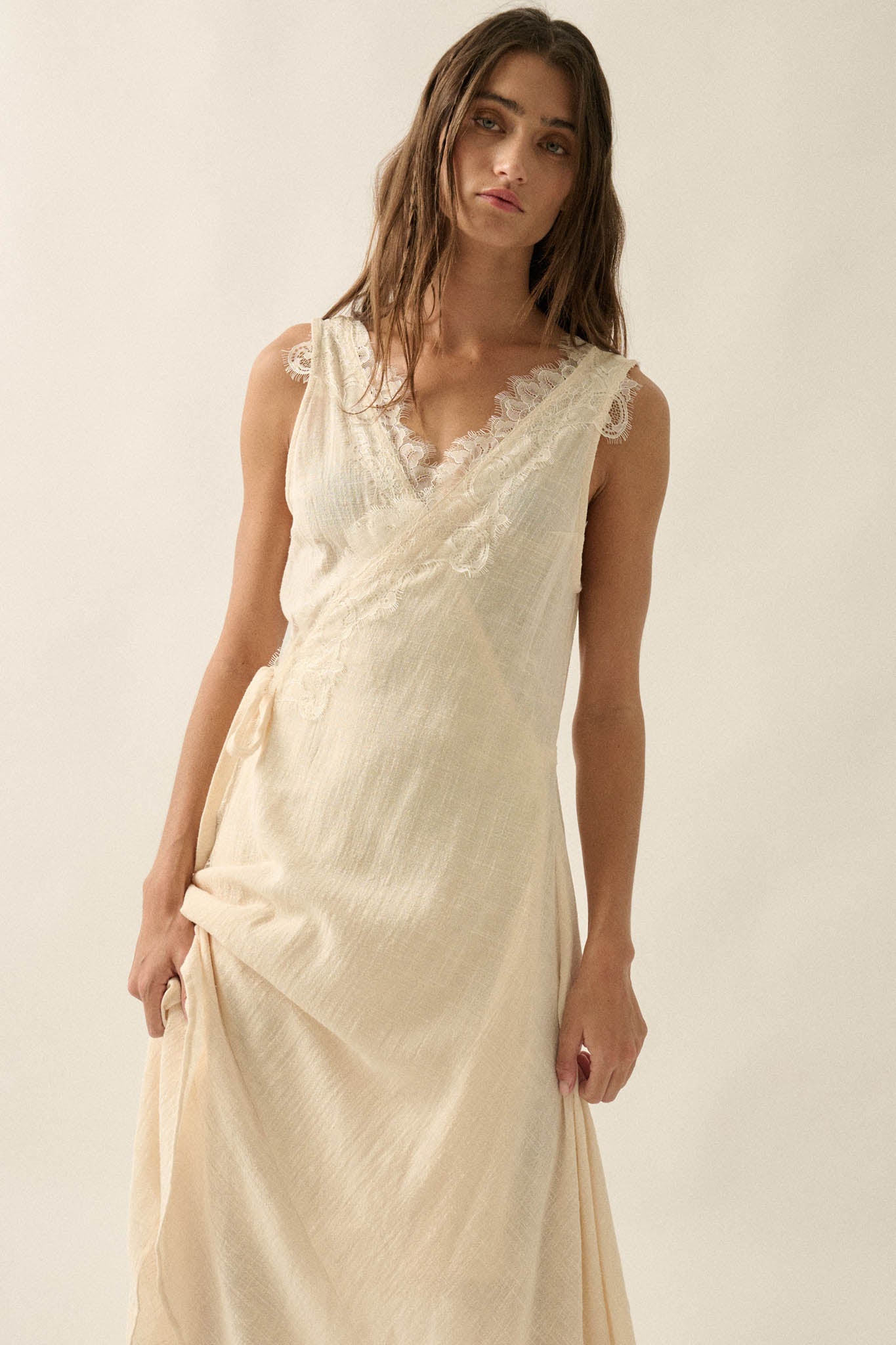 Finally Free Cotton Gauze and Lace Wrap Maxi Dress - ShopPromesa