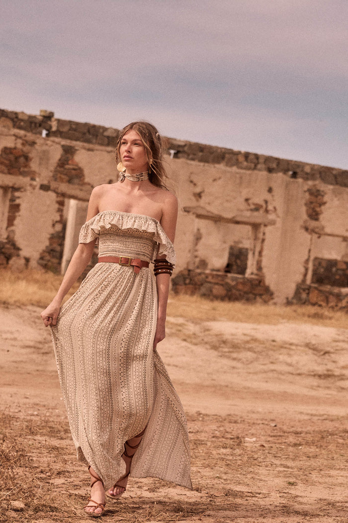 Adventure Begins Geo-Print Off-Shoulder Maxi Dress - ShopPromesa