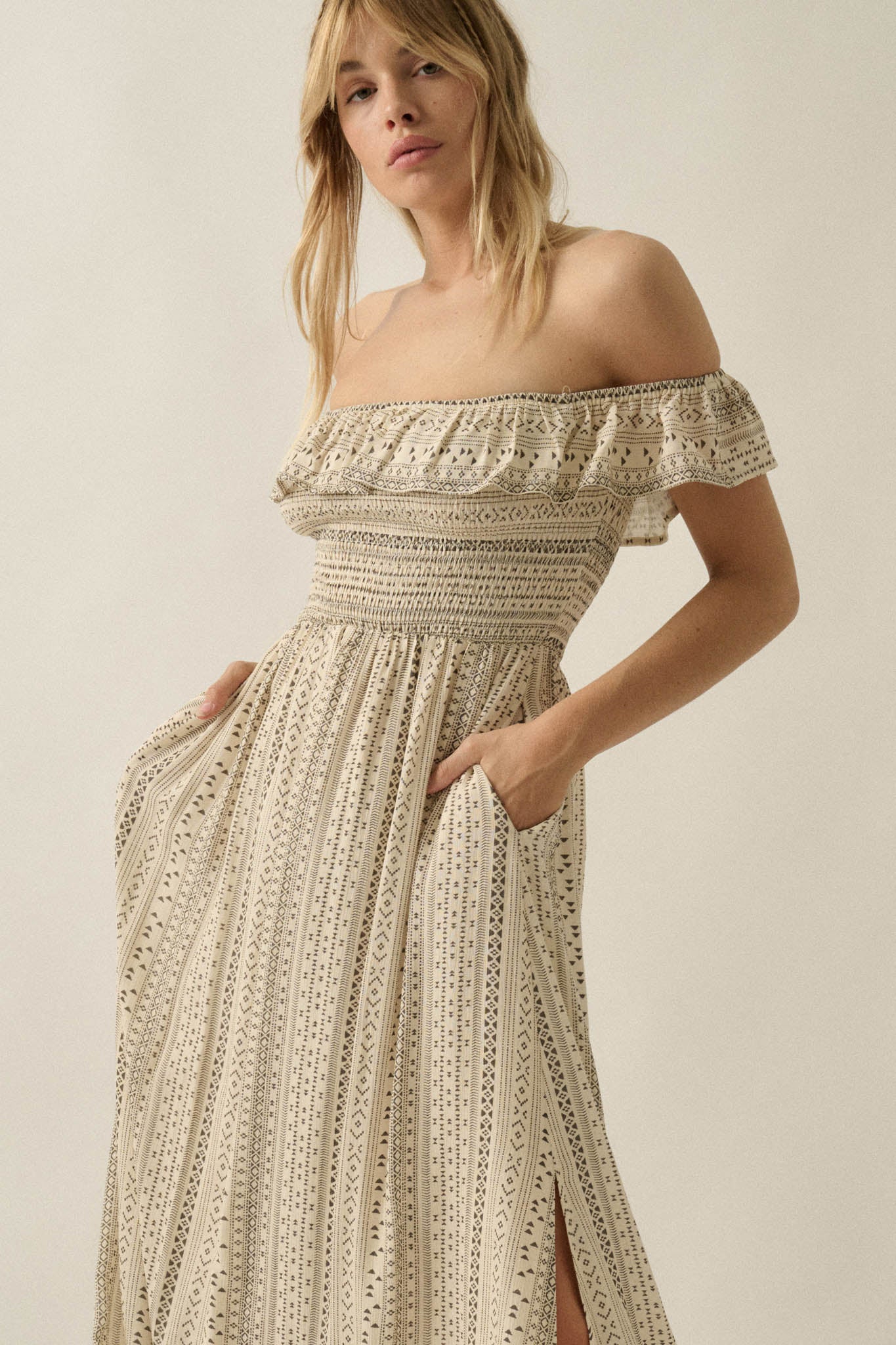 Adventure Begins Geo-Print Off-Shoulder Maxi Dress - ShopPromesa