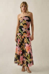 Opulent Blossoms Floral Mesh Strapless Maxi Dress - ShopPromesa