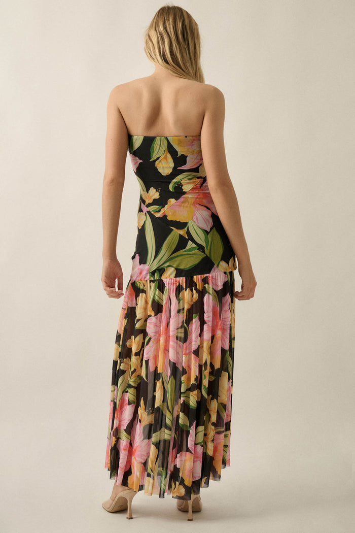 Opulent Blossoms Floral Mesh Strapless Maxi Dress - ShopPromesa