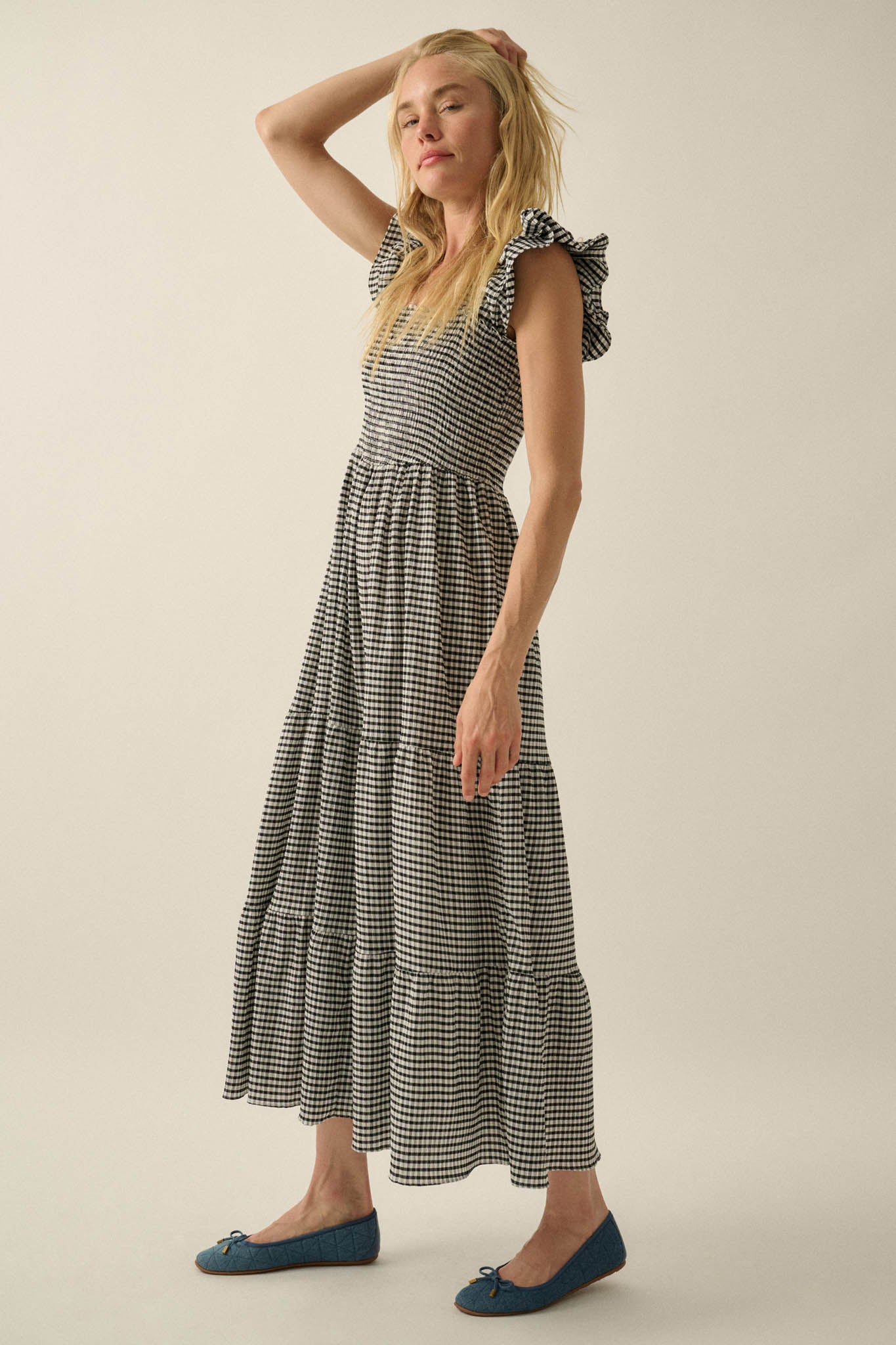 Sweet Treat Smocked Gingham Ruffle Midi Dress - ShopPromesa