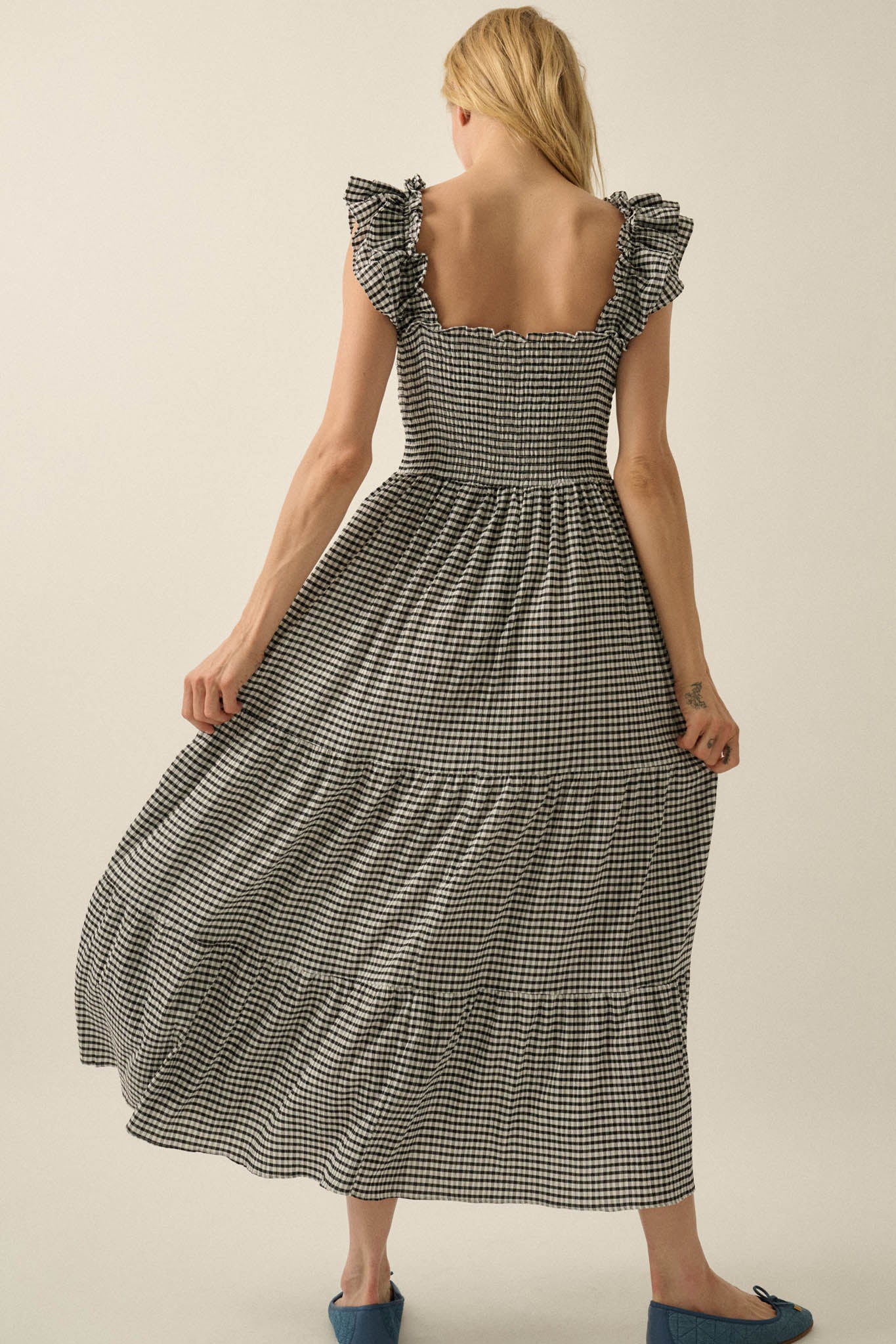 Sweet Treat Smocked Gingham Ruffle Midi Dress - ShopPromesa