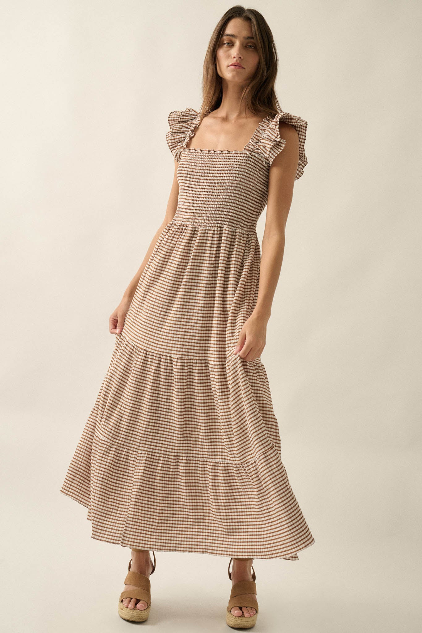 Sweet Treat Smocked Gingham Ruffle Midi Dress