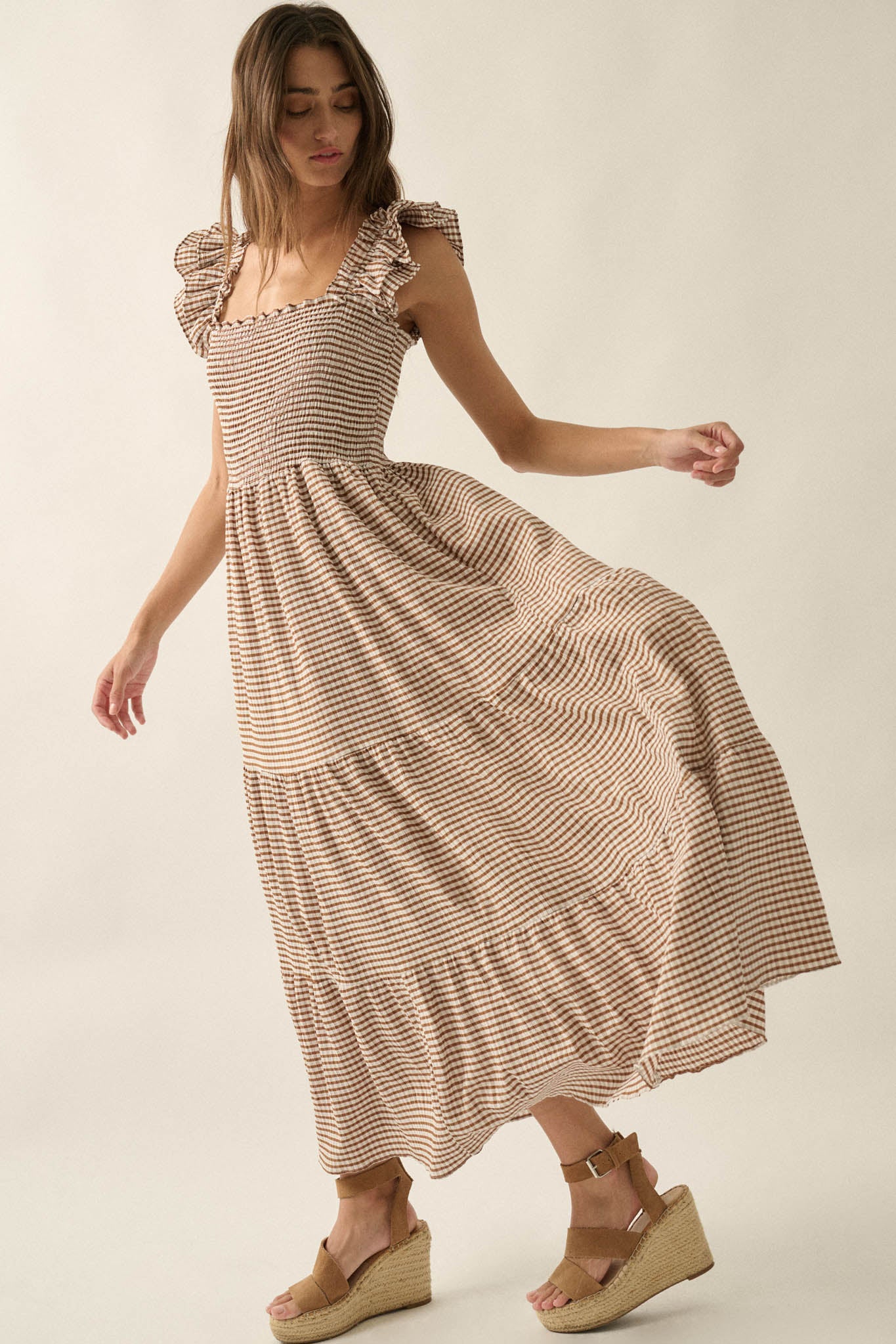 smocked gingham dress Womens in Chamomile XL (16-18) Model is 53 and wearing a size XS Material Black Gingham Midi Dress |