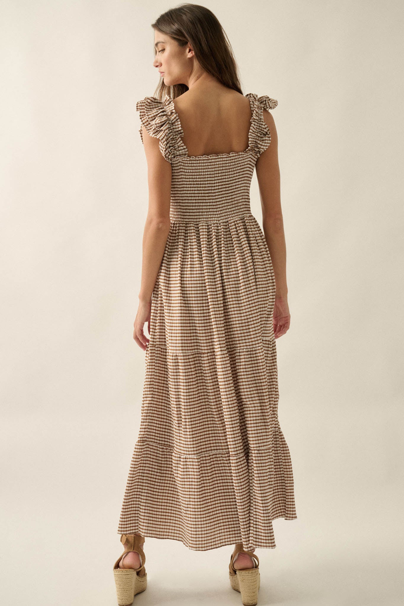 Sweet Treat Smocked Gingham Ruffle Midi Dress