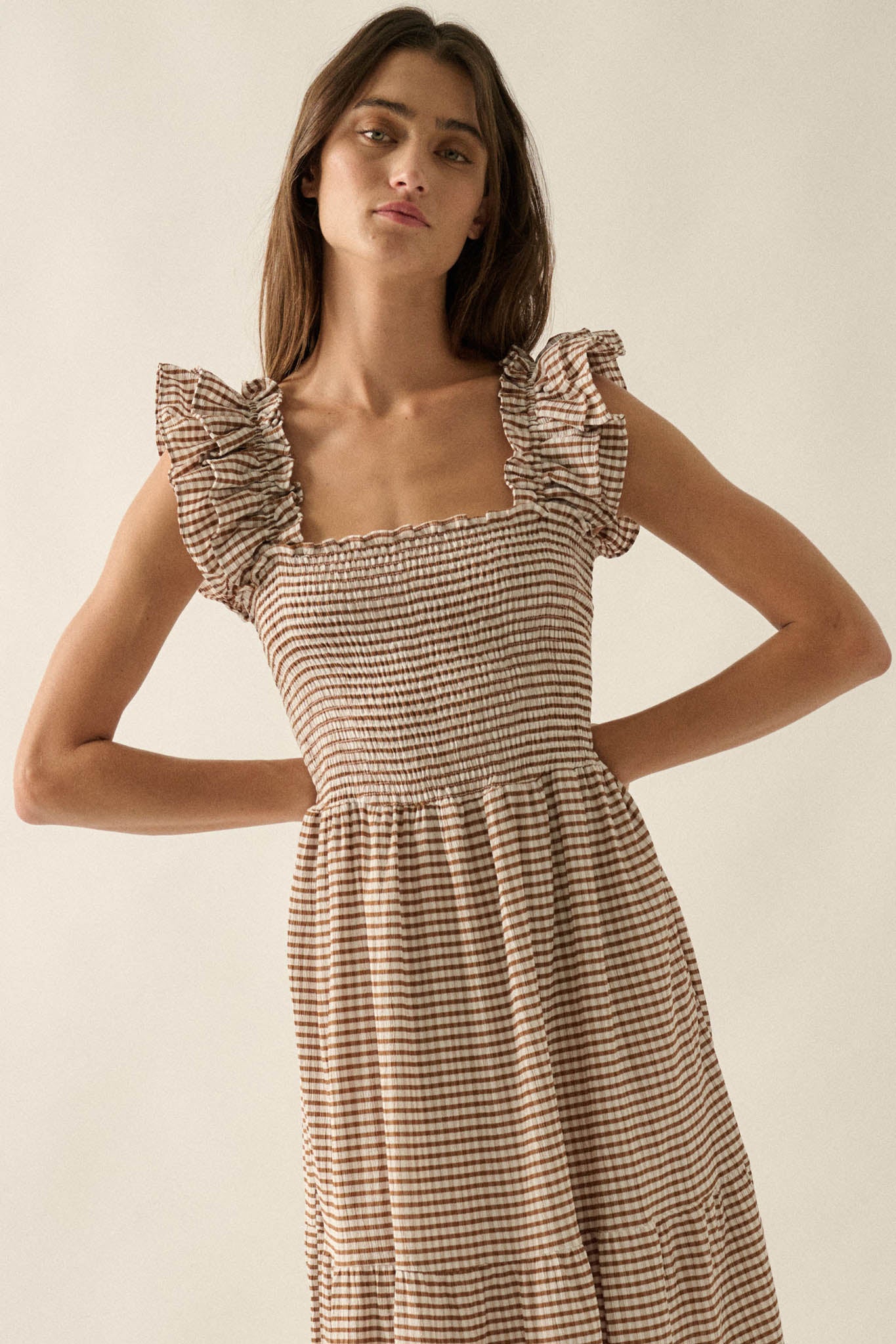 Sweet Treat Smocked Gingham Ruffle Midi Dress