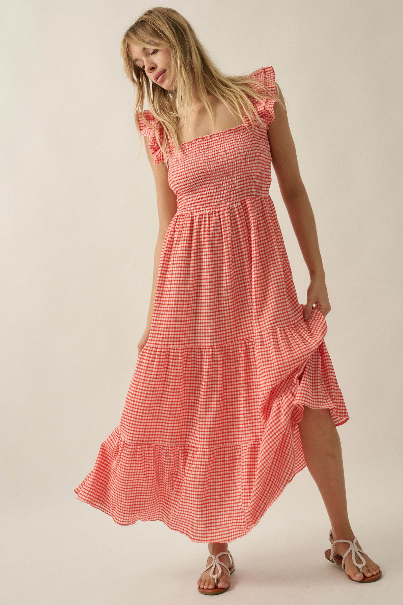 Sweet Treat Smocked Gingham Ruffle Midi Dress - ShopPromesa