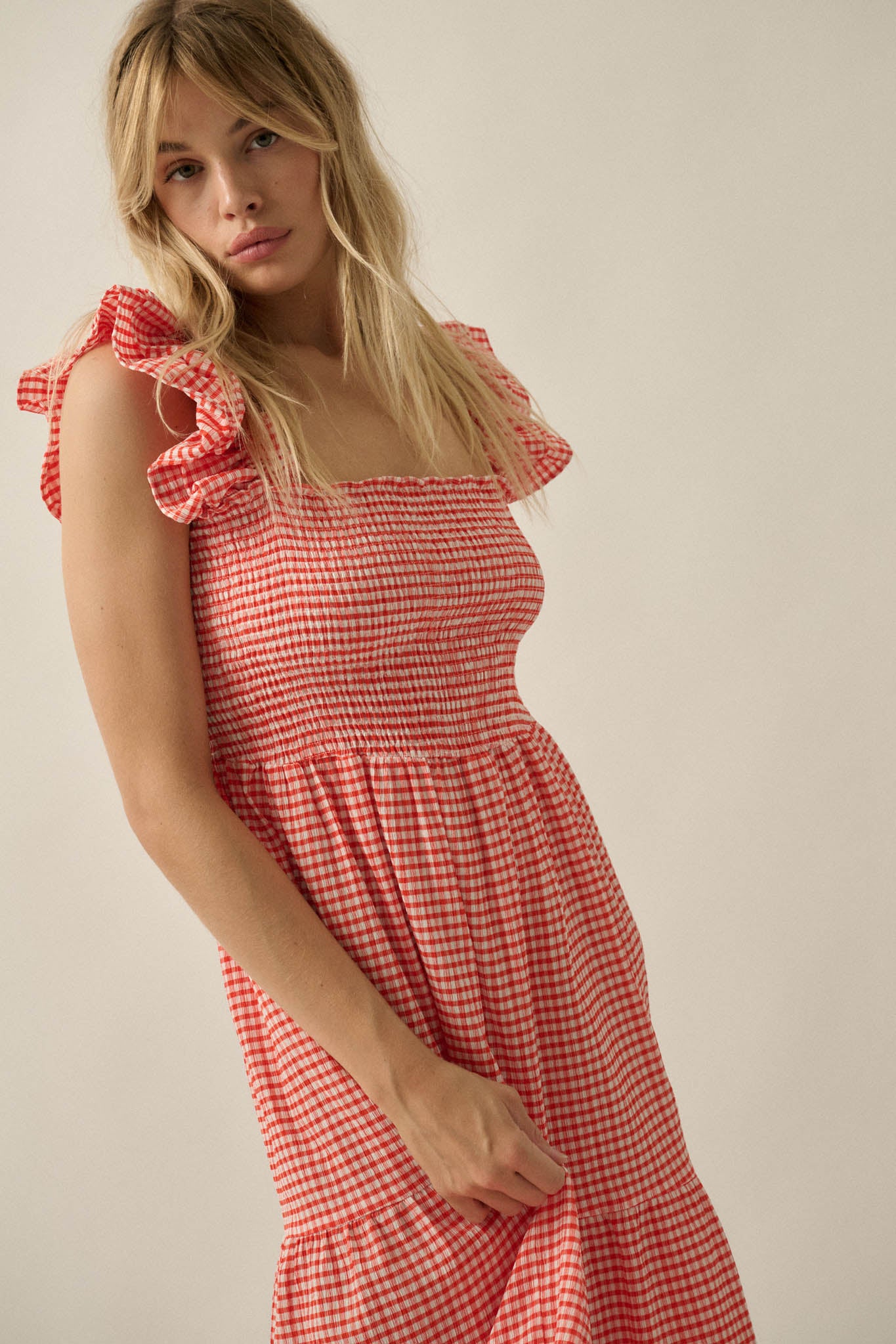 Sweet Treat Smocked Gingham Ruffle Midi Dress - ShopPromesa