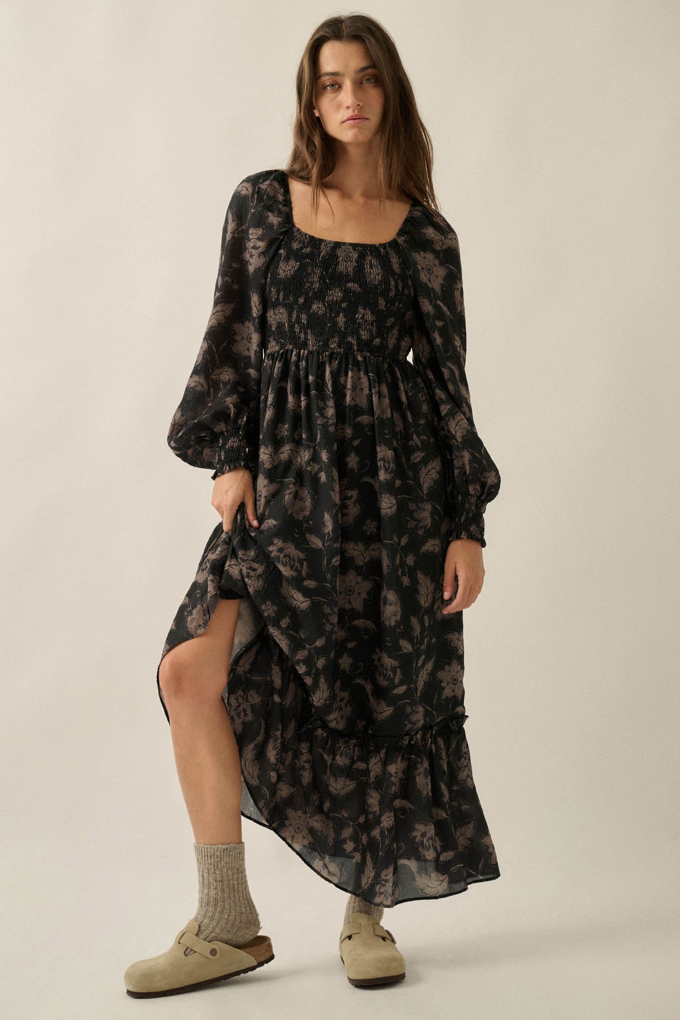 Autumn Breeze Floral Smocked Midi Prairie Dress - ShopPromesa