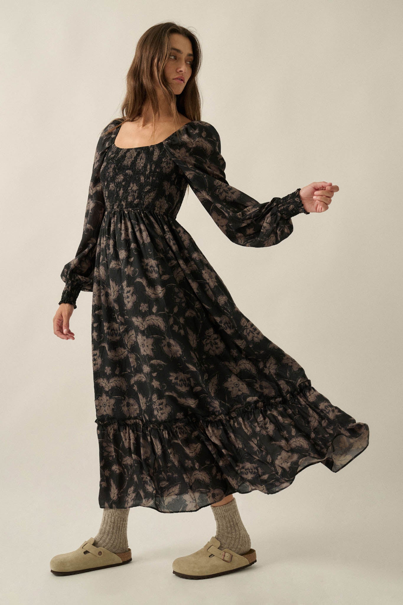Autumn Breeze Floral Smocked Midi Prairie Dress - ShopPromesa