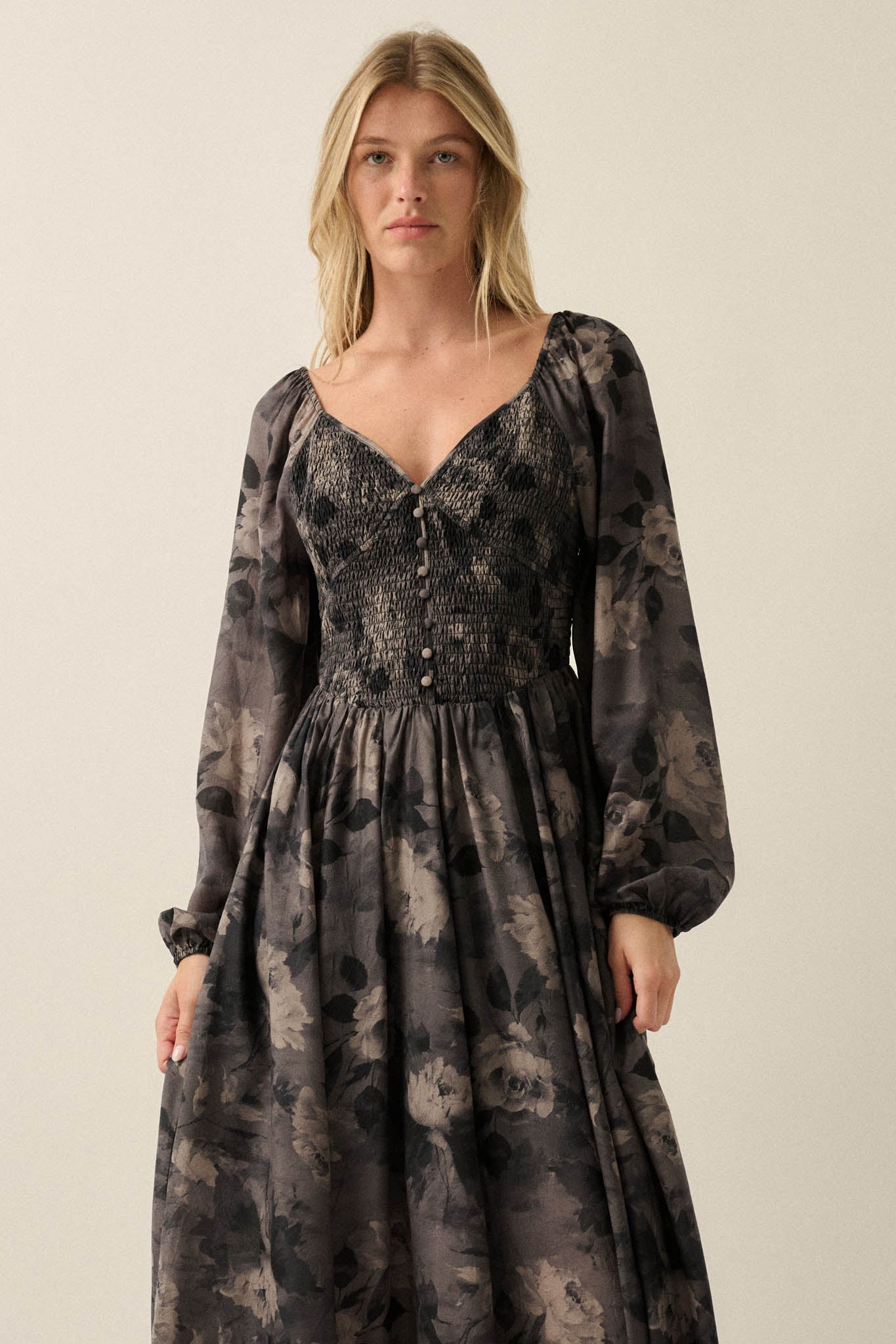 Faded Bouquet Floral Smocked Maxi Peasant Dress - ShopPromesa