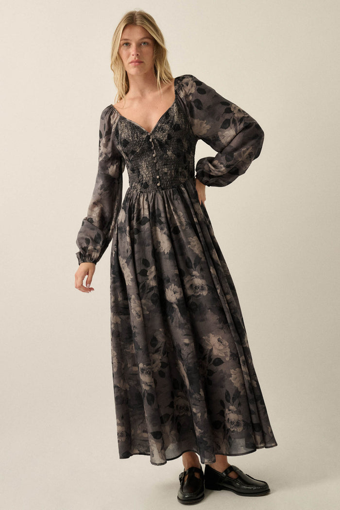 Faded Bouquet Floral Smocked Maxi Peasant Dress - ShopPromesa
