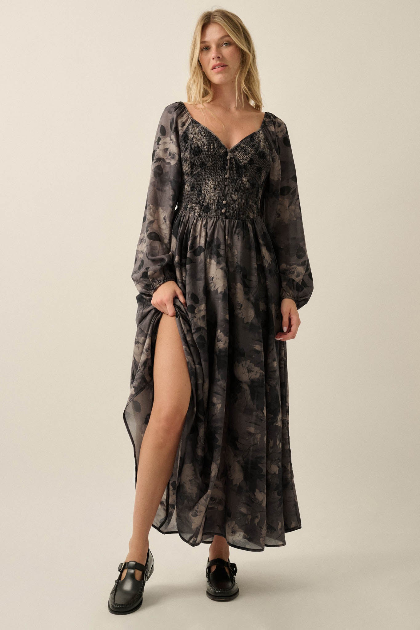 Faded Bouquet Floral Smocked Maxi Peasant Dress - ShopPromesa