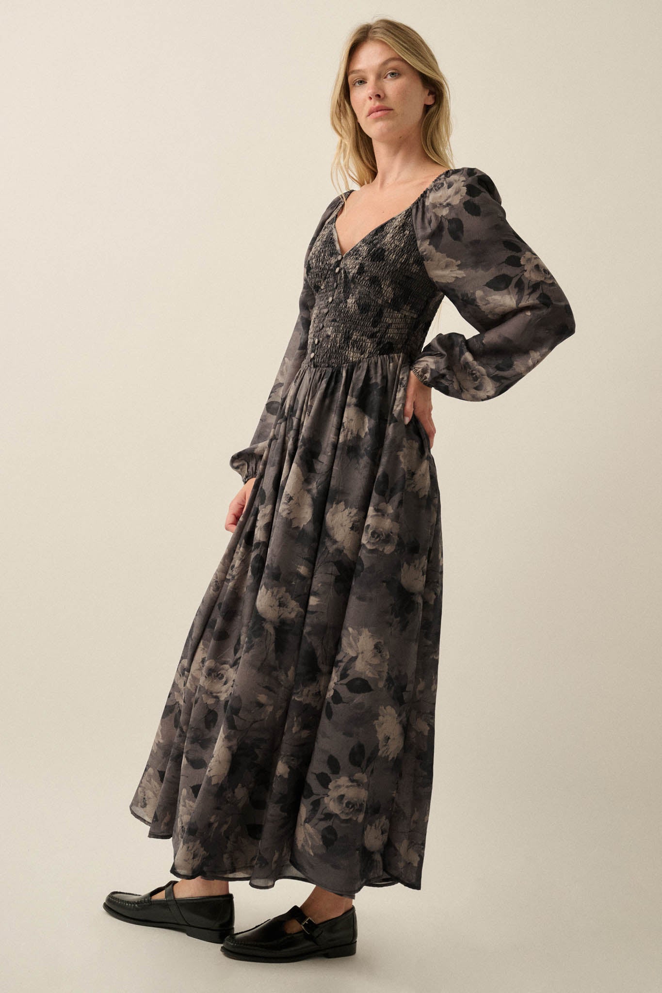 Faded Bouquet Floral Smocked Maxi Peasant Dress - ShopPromesa