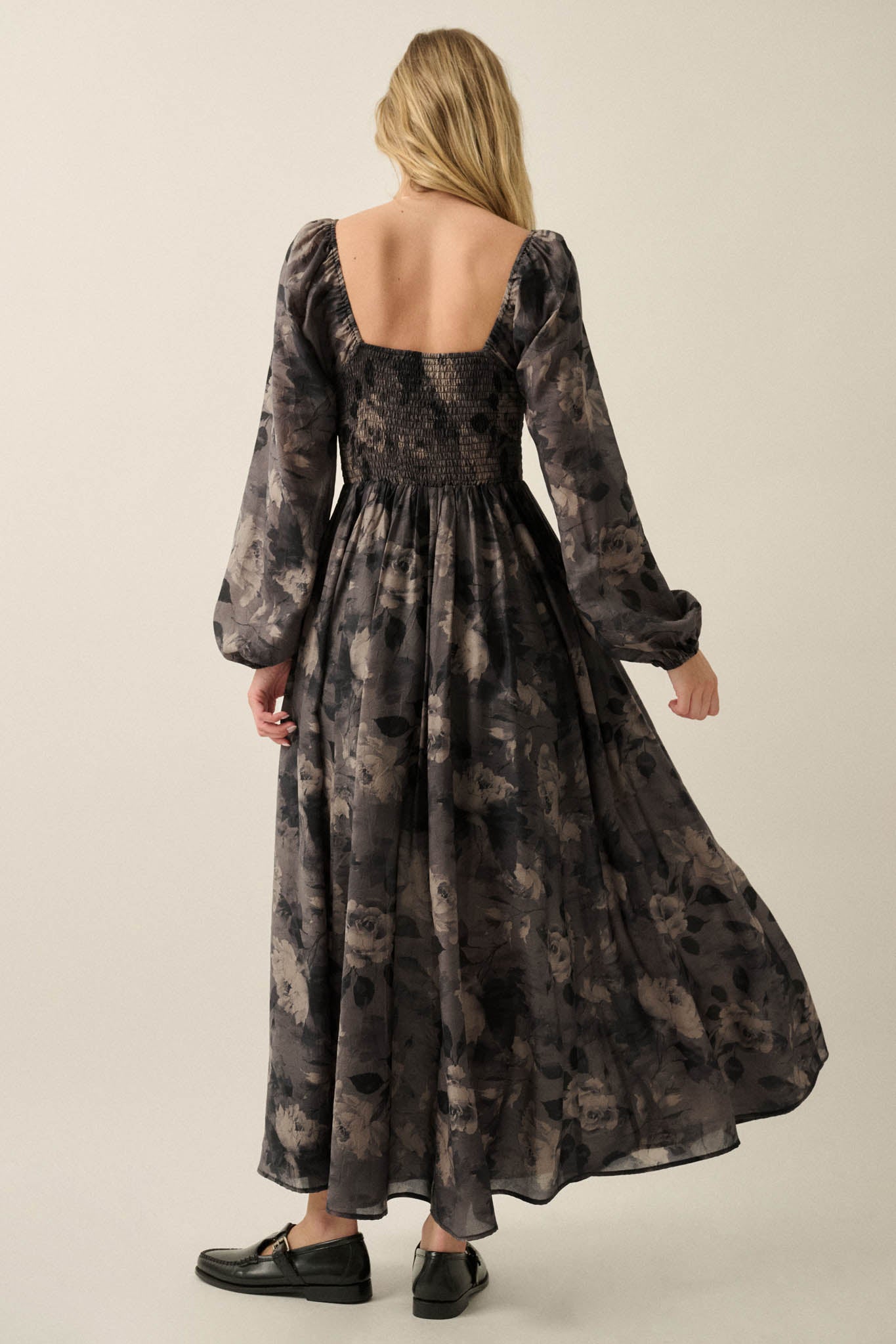 Faded Bouquet Floral Smocked Maxi Peasant Dress - ShopPromesa