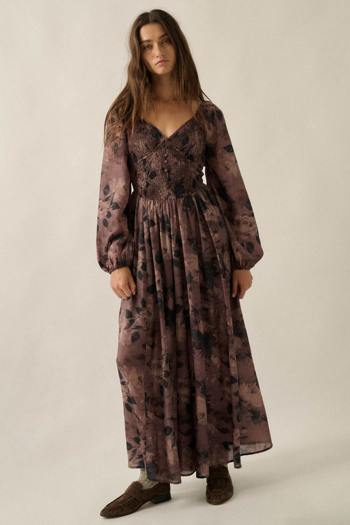 Faded Bouquet Floral Smocked Maxi Peasant Dress - ShopPromesa