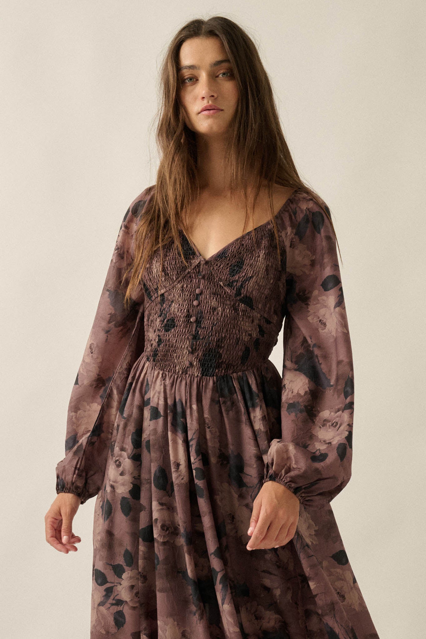Faded Bouquet Floral Smocked Maxi Peasant Dress - ShopPromesa