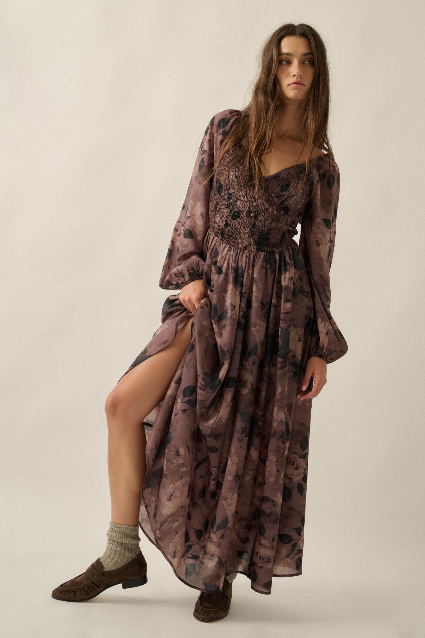 Faded Bouquet Floral Smocked Maxi Peasant Dress - ShopPromesa