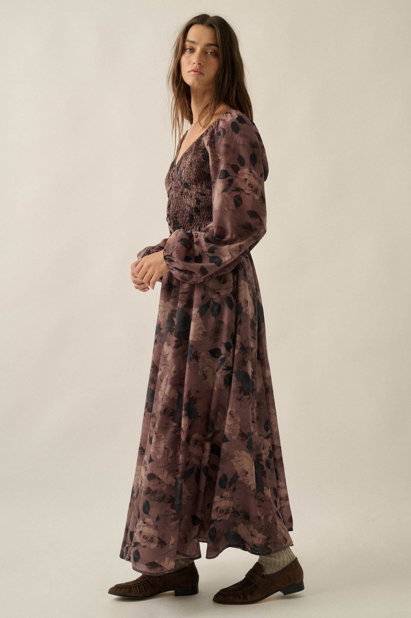 Faded Bouquet Floral Smocked Maxi Peasant Dress - ShopPromesa