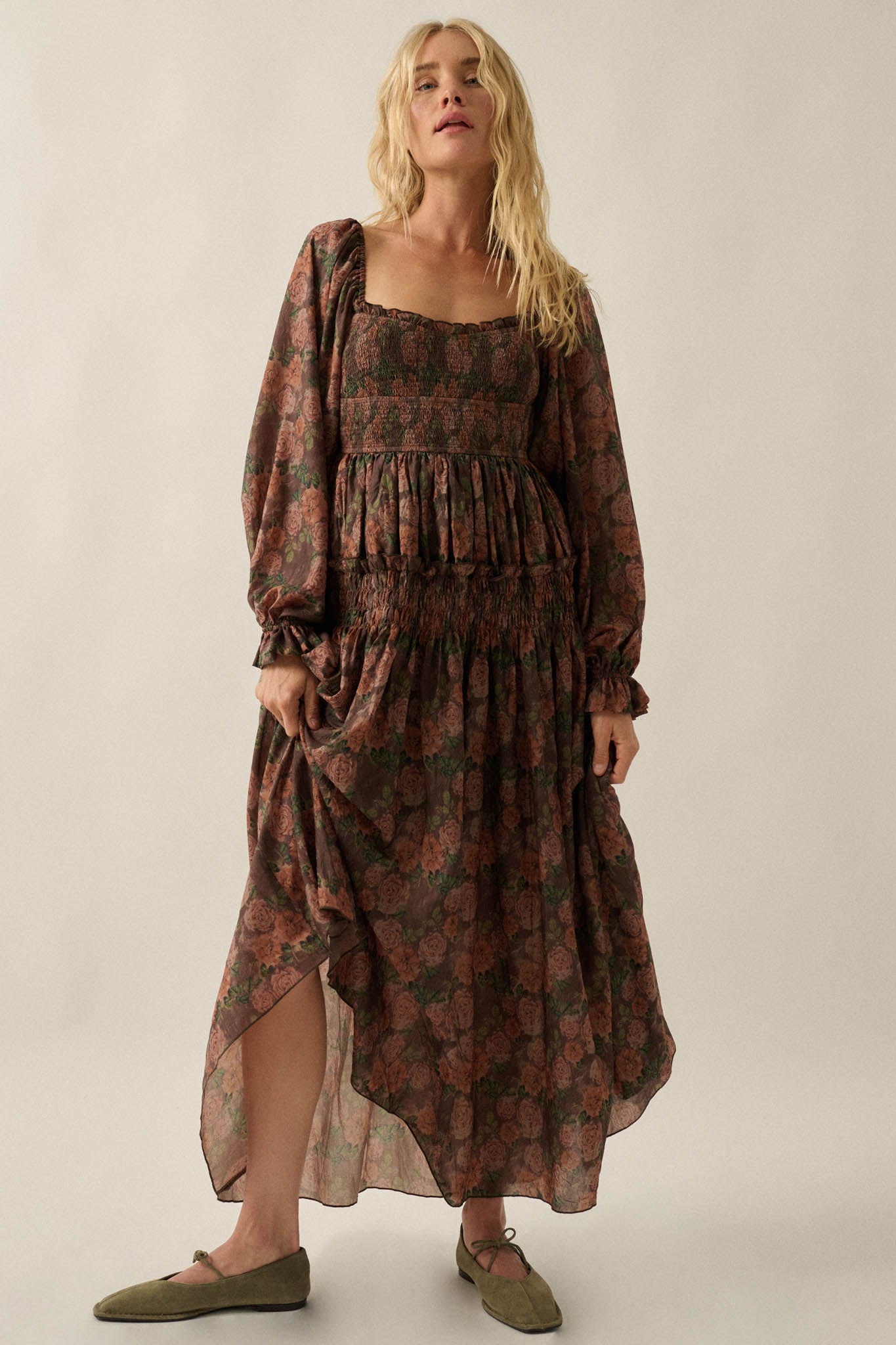 Roses and Thorns Floral Chiffon Smocked Maxi Dress - ShopPromesa