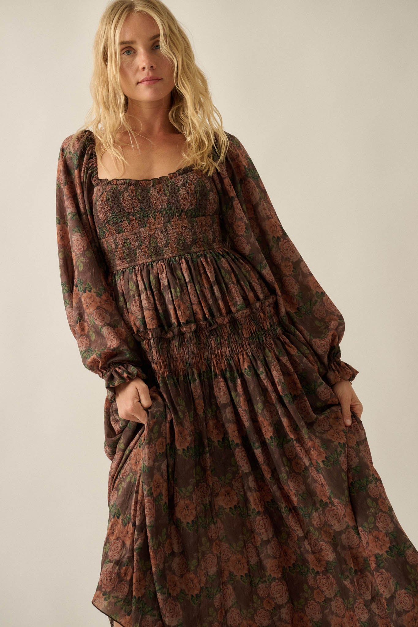 Roses and Thorns Floral Chiffon Smocked Maxi Dress - ShopPromesa